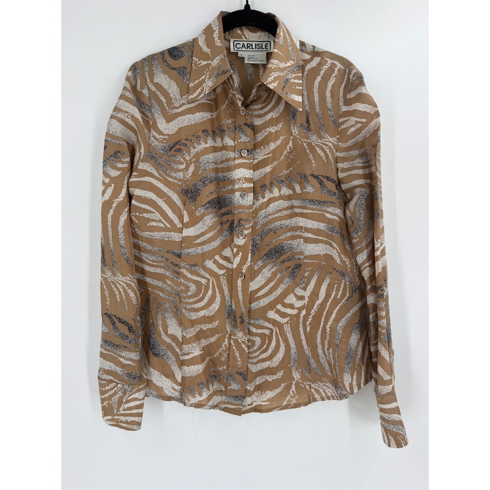 Carlisle Silk Blouse Womens Size 4 S Tan Zebra Print Y2K Safari Quiet Luxury